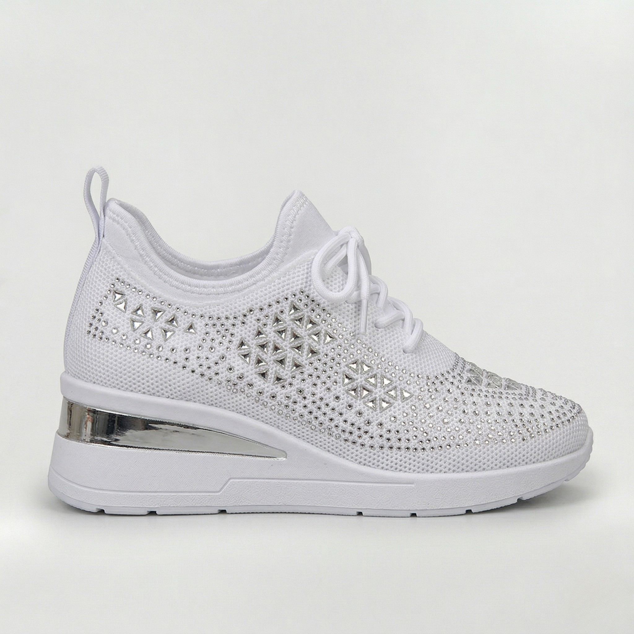 Women's Platform Sneakers with Internal Wedge and Decorative Rhinestones Casual