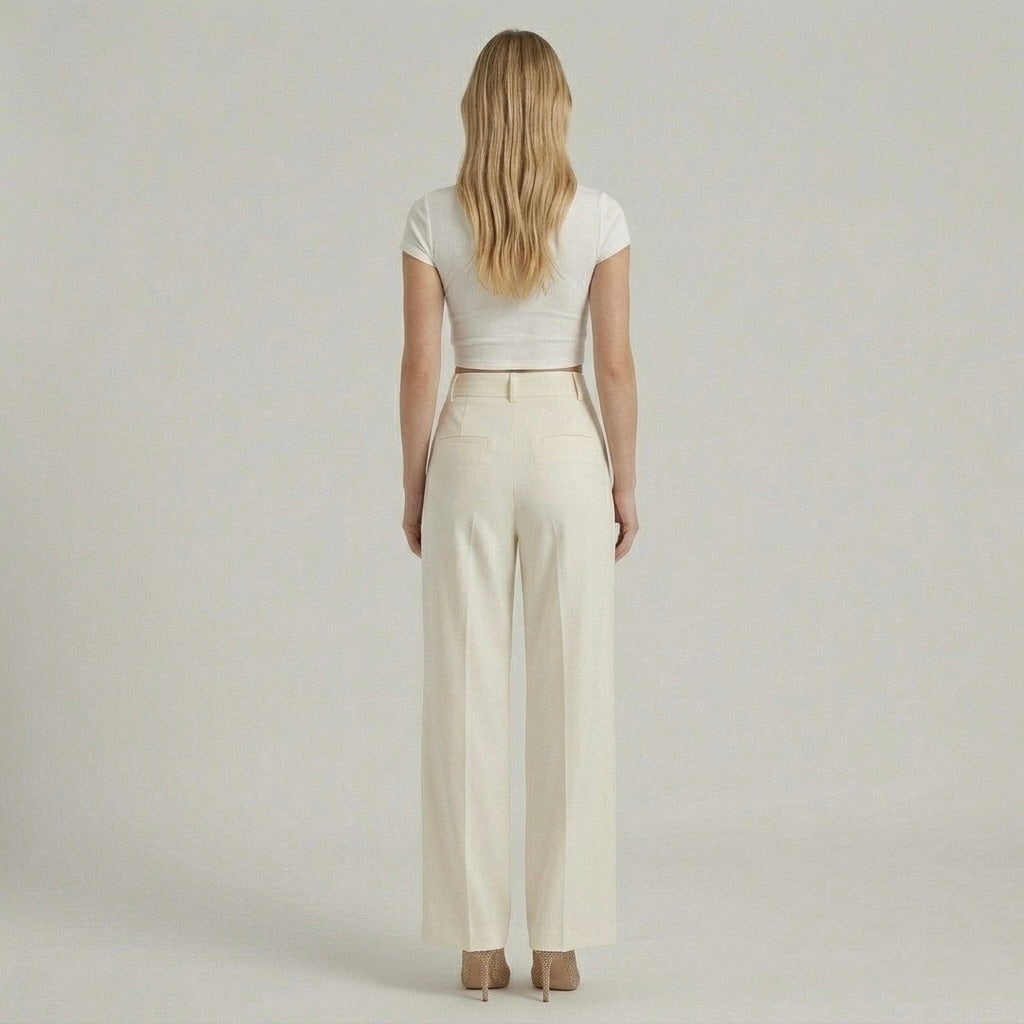 Calças elegantes de senhora de perna larga – calças de cintura subida casual chic