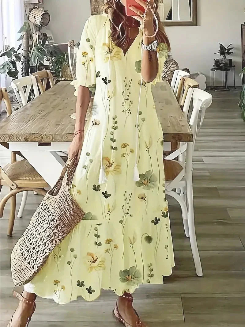 Rochie Boho Charm pentru femei – Rochie de vară elegantă cu volane, decolteu în V și model Ikat