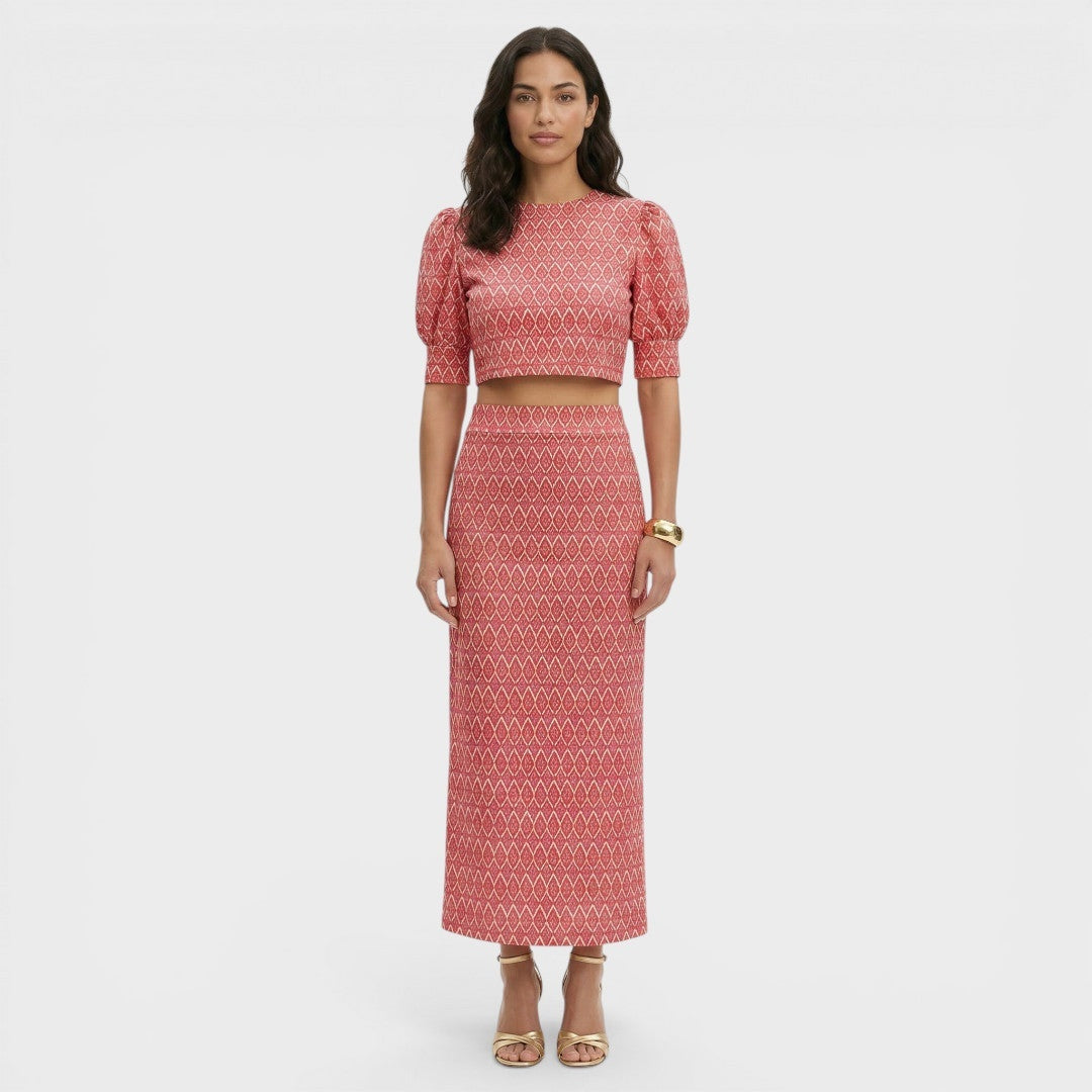 Elegant Women's Set with Geometric Print and Puff Sleeves