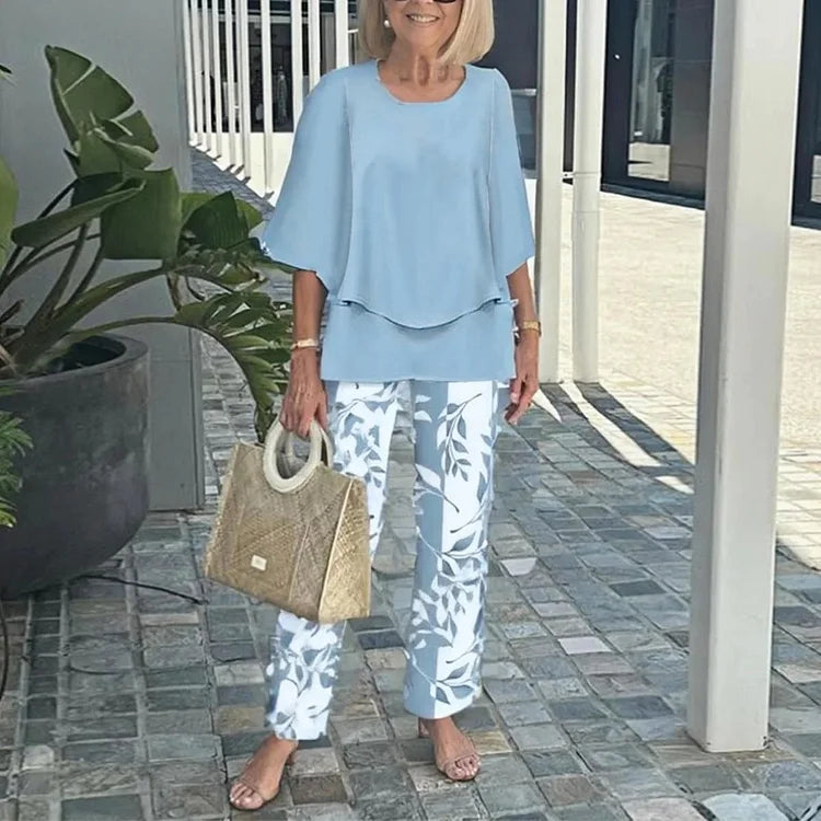 Printet 2-Delt Sæt med Løs Bluse og Bukser til Dame