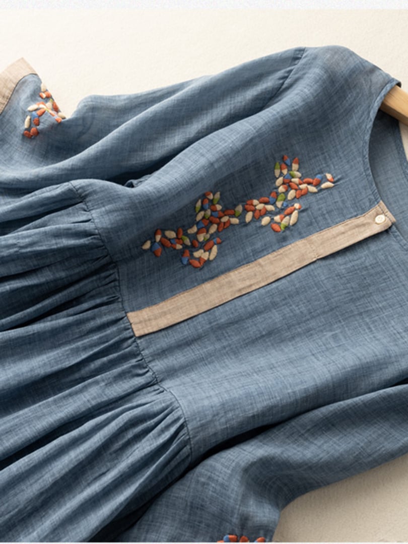 Vestido bordado de algodón y lino con diseño étnico y ajuste cómodo