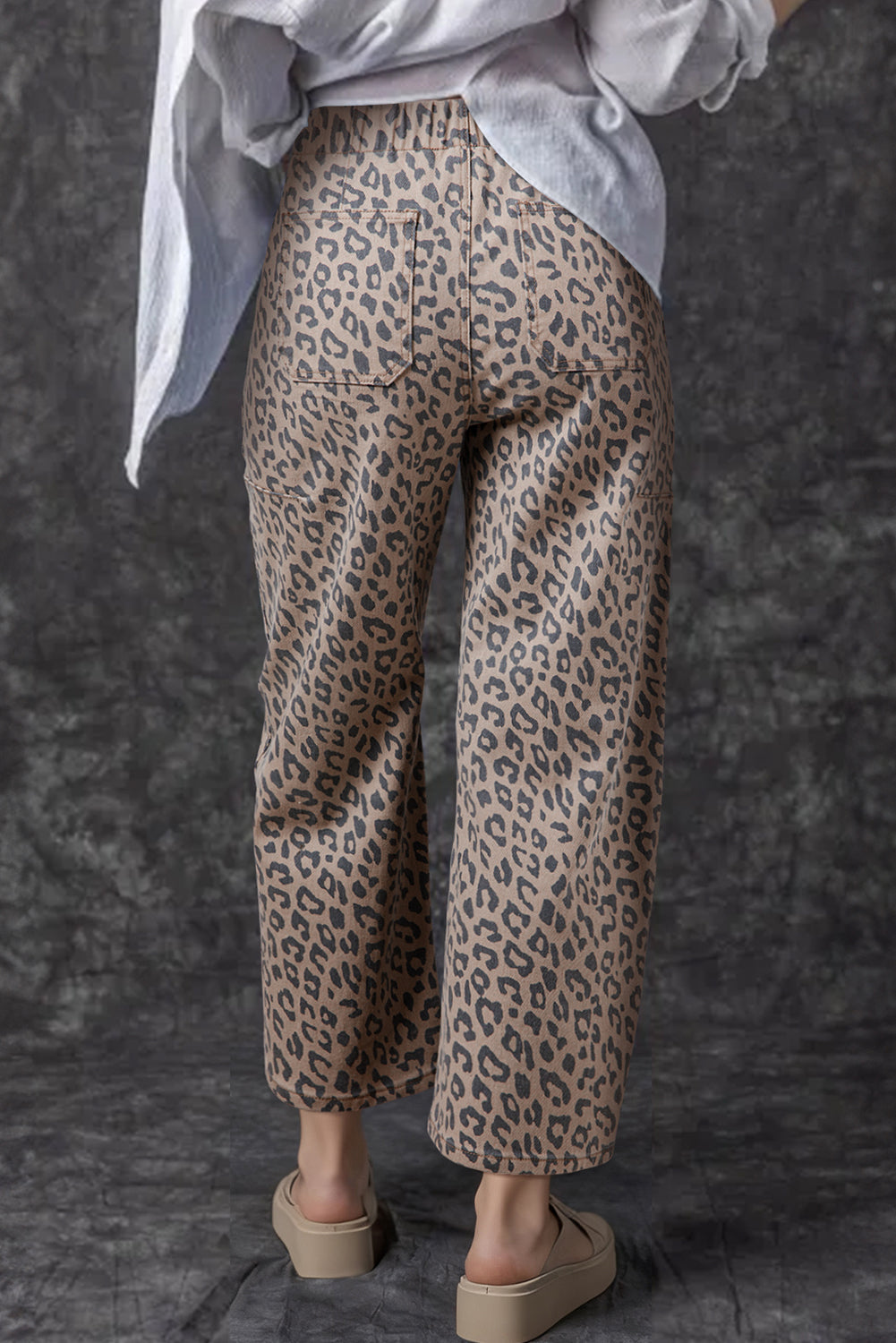 Jeans a Gamba Larga con Stampa Leopardata, Coulisse ed Elastico in Vita