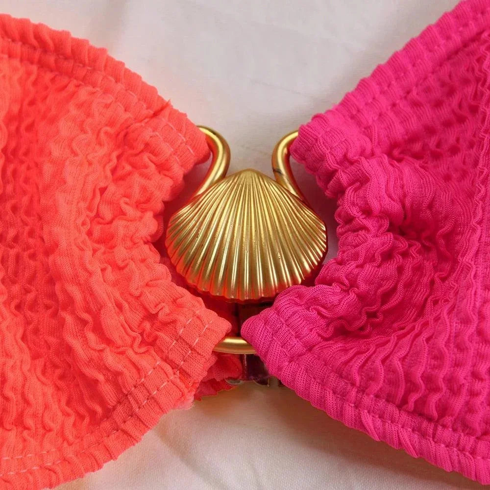 Bikini donna asimmetrico con finitura testurizzata e anello