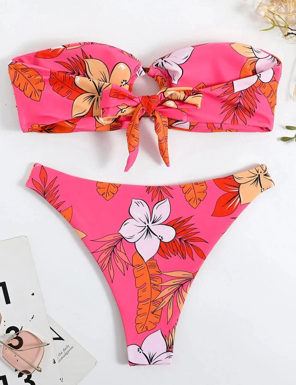 Women's Pink Bandeau Bikini with Floral Pattern and Ring