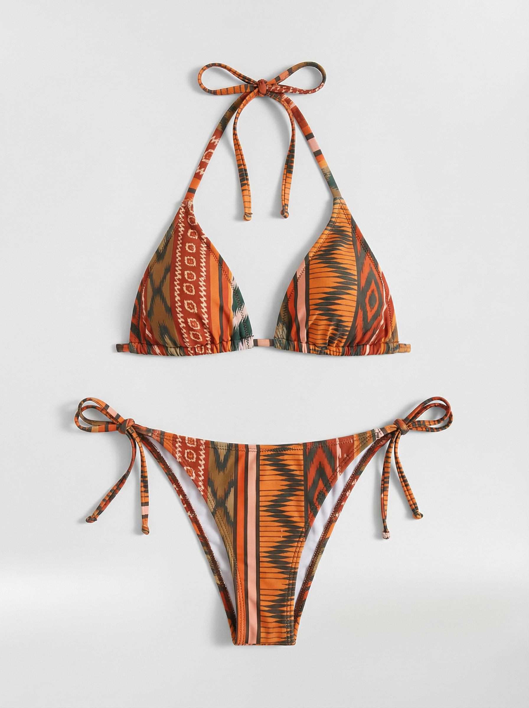 Orange women's bikini with print and halter design