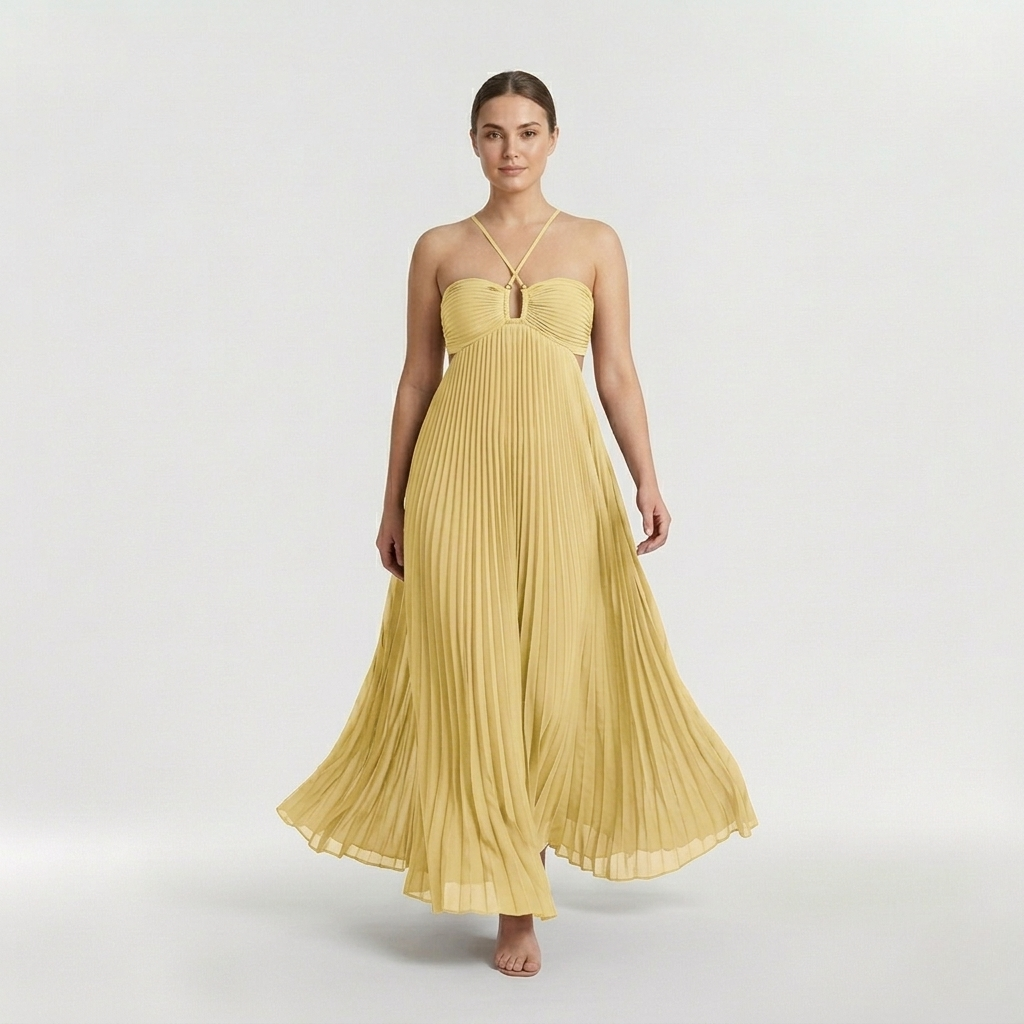 Vestido maxi plissado com decote halter e costas descobertas para mulher