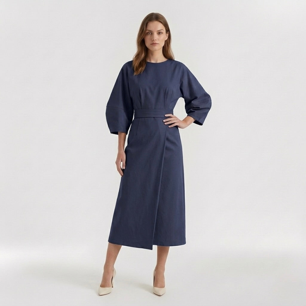 Elegant Long-Sleeve Midi Dress for Women – Casual Chic Dress with Belt