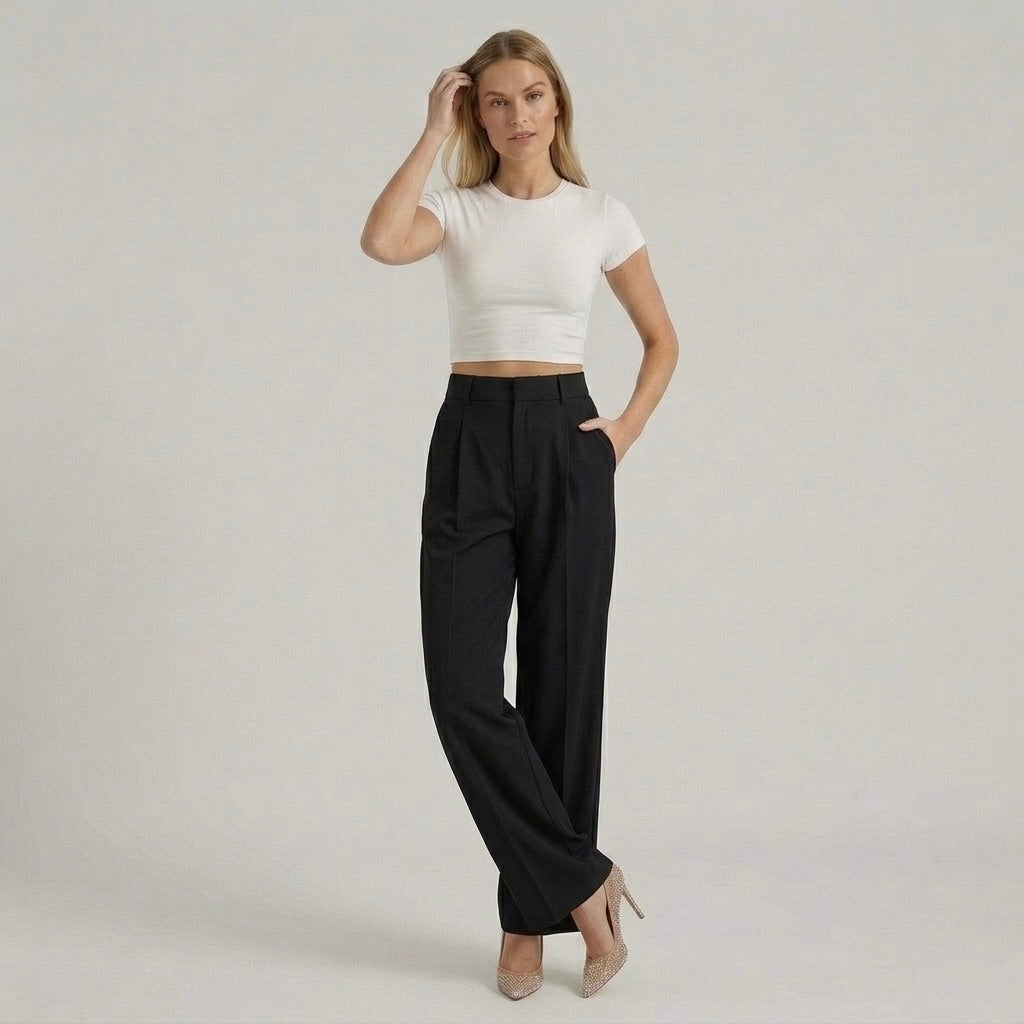 Calças elegantes de senhora de perna larga – calças de cintura subida casual chic