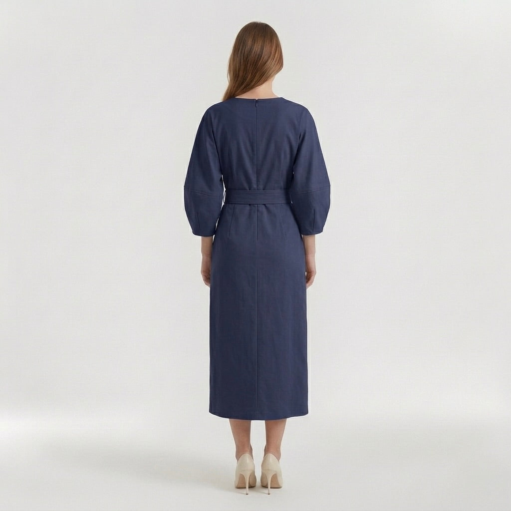 Elegant Long-Sleeve Midi Dress for Women – Casual Chic Dress with Belt