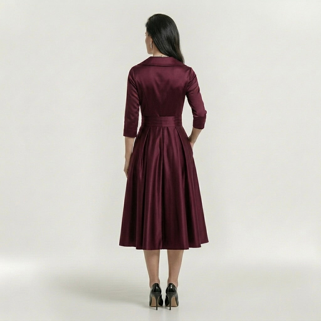 Vestido midi feminino elegante de mangas longas - vestido clássico evasê com cinto