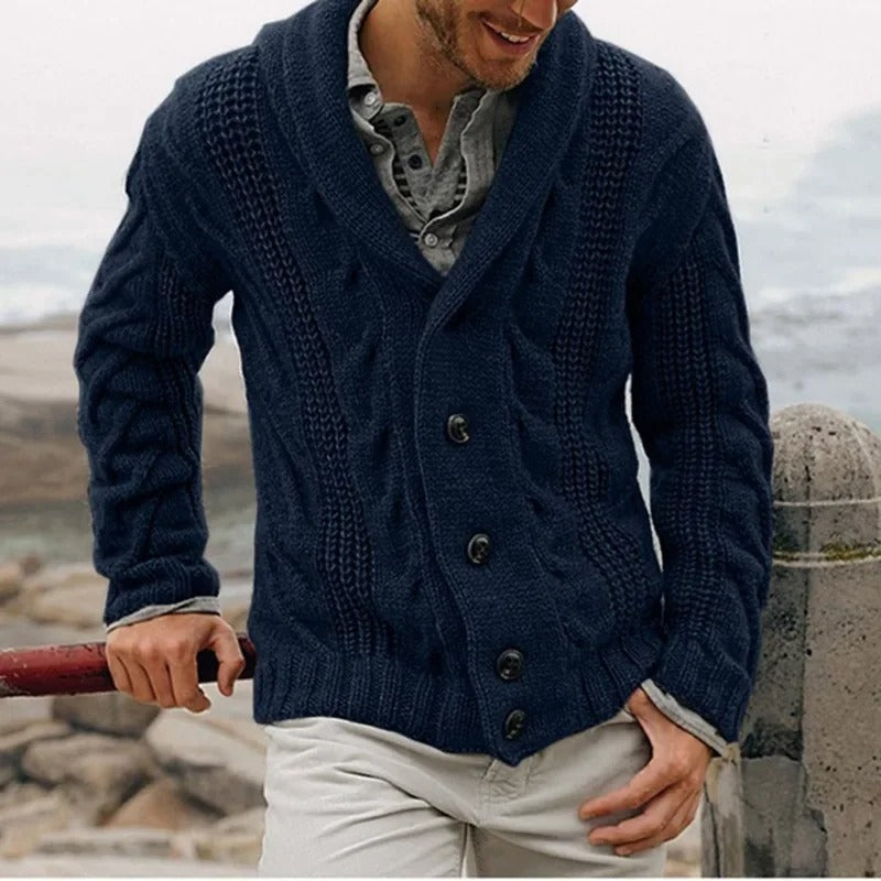 Cardigan Uomo in Maglia a Trecce con Collo Sciallato