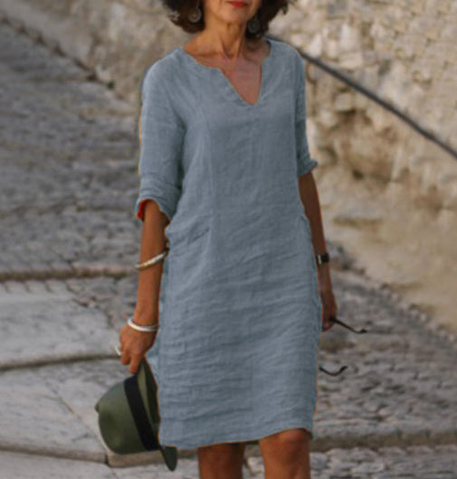 Abito casual in lino con scollo a V e vestibilità rilassata da donna