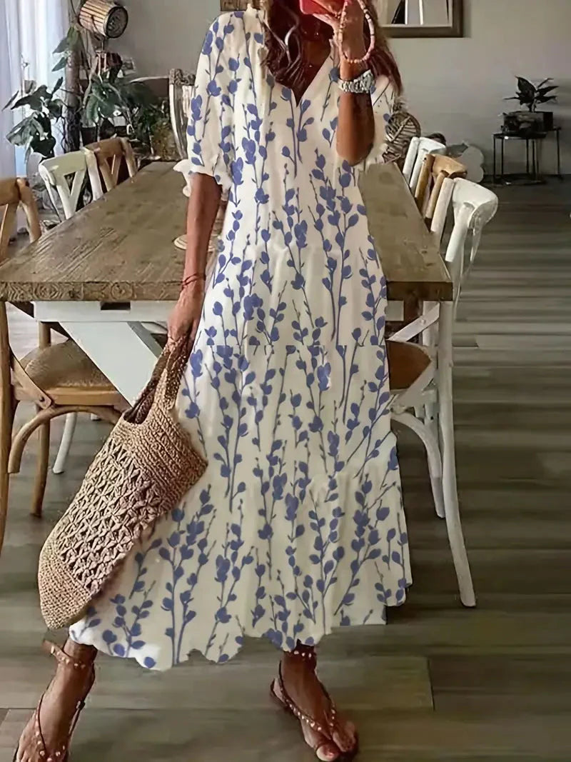 Dámské boho šaty Charm – elegantní letní šaty s volány, výstřihem do V a vzorem ikat