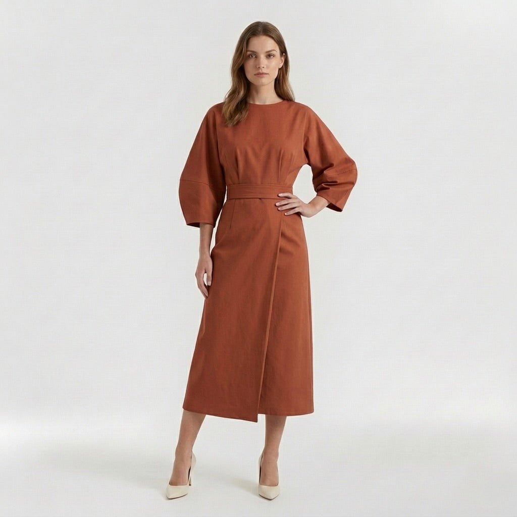 Elegant Long-Sleeve Midi Dress for Women – Casual Chic Dress with Belt