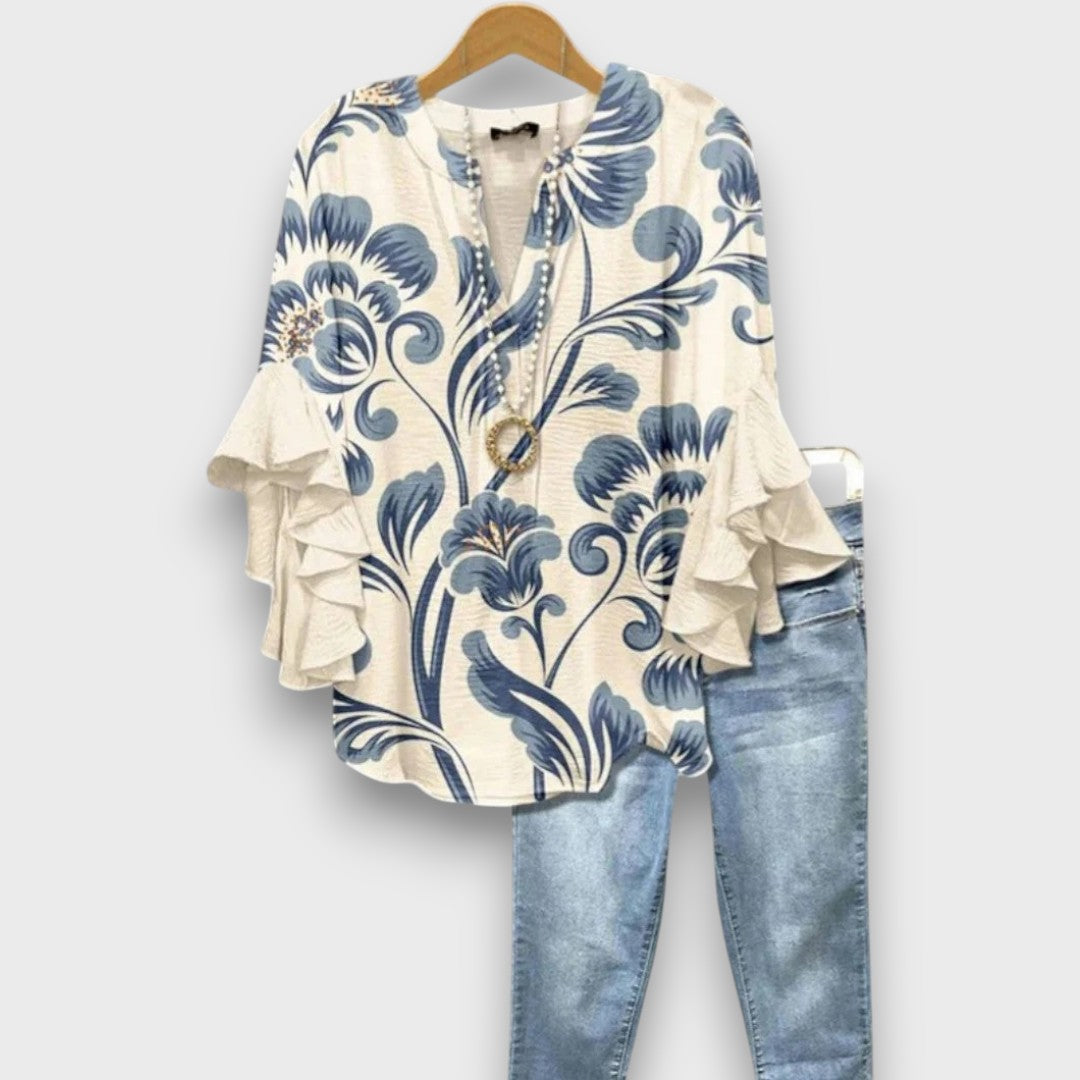 Blusa da donna con scollo a V, maniche con volant e stampa floreale