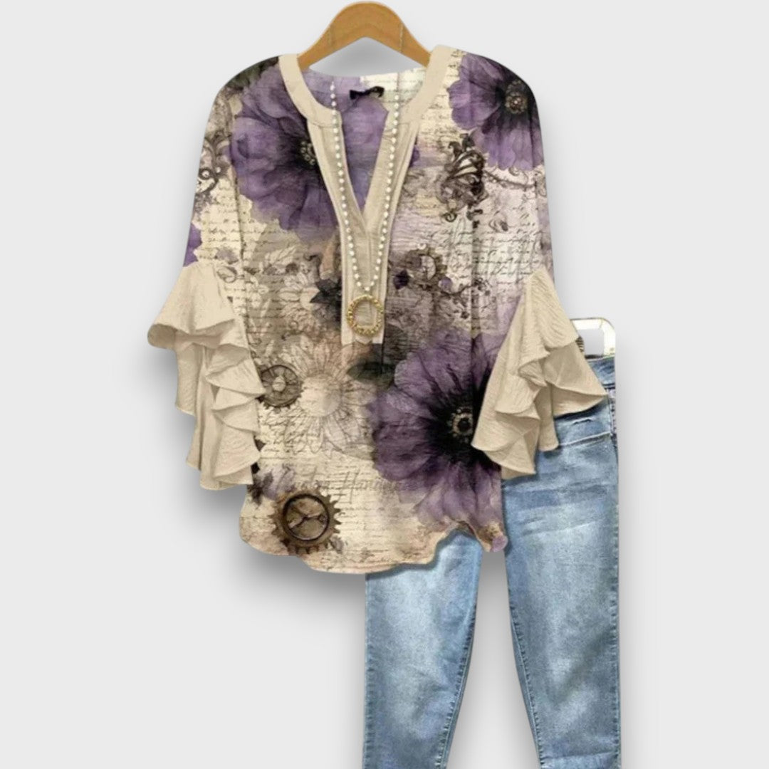 Blusa da donna con scollo a V, maniche con volant e stampa floreale