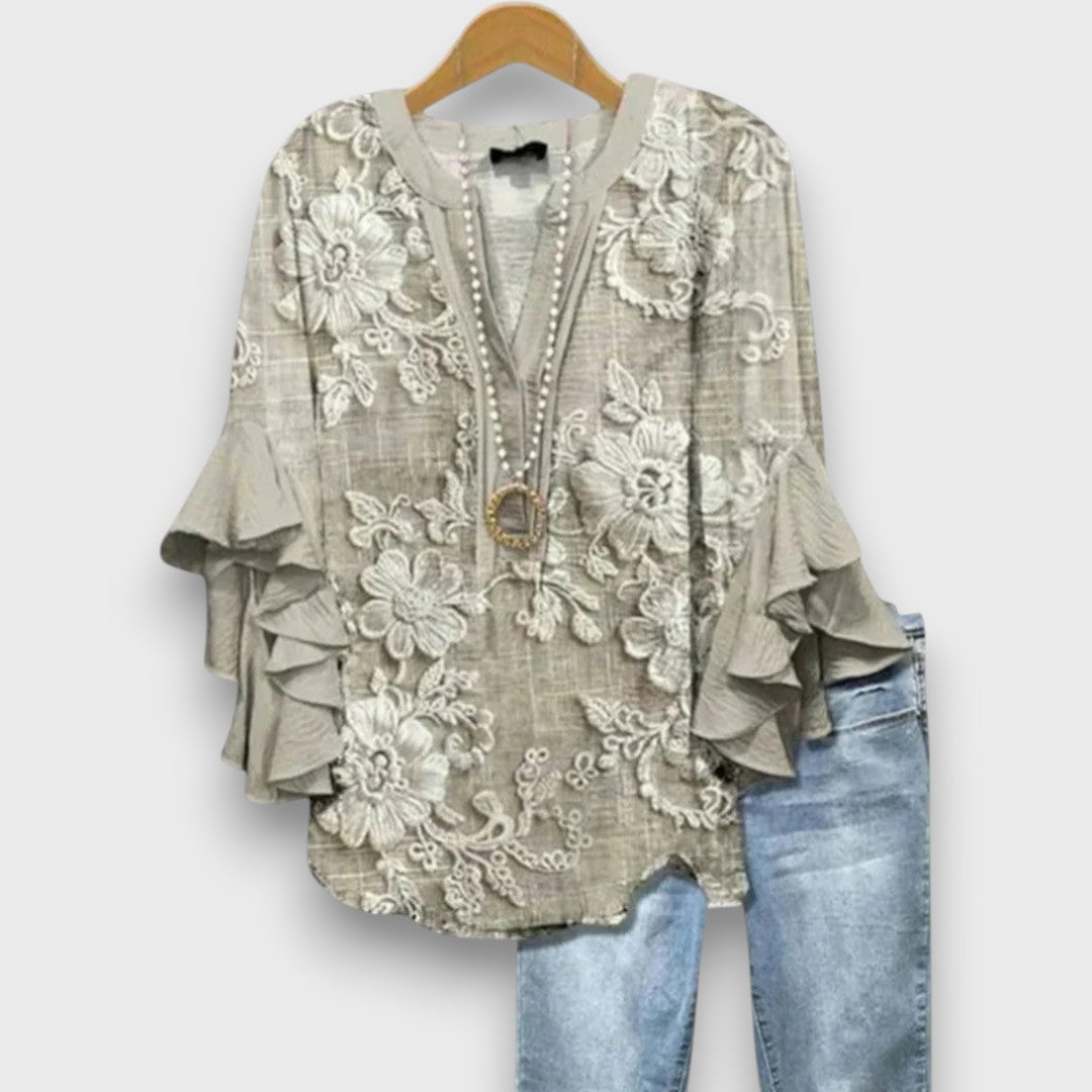 Blusa da donna con scollo a V, maniche con volant e stampa floreale