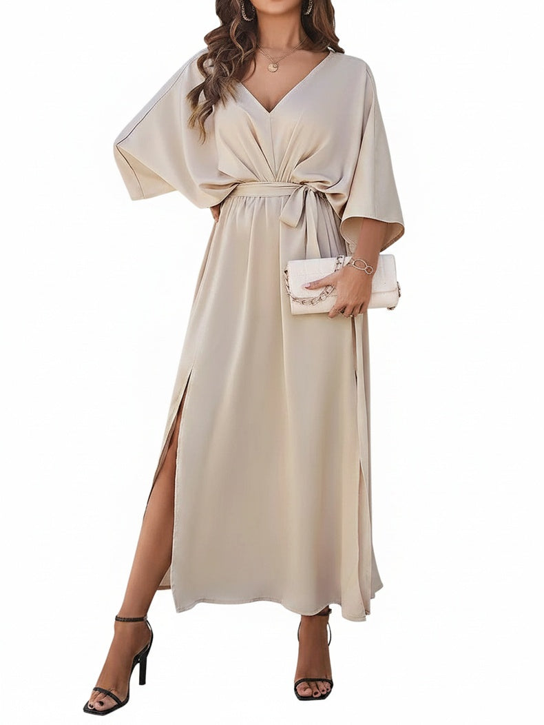 Maxi abito da donna con scollo a V, manica a pipistrello, cintura con fiocco e spacco