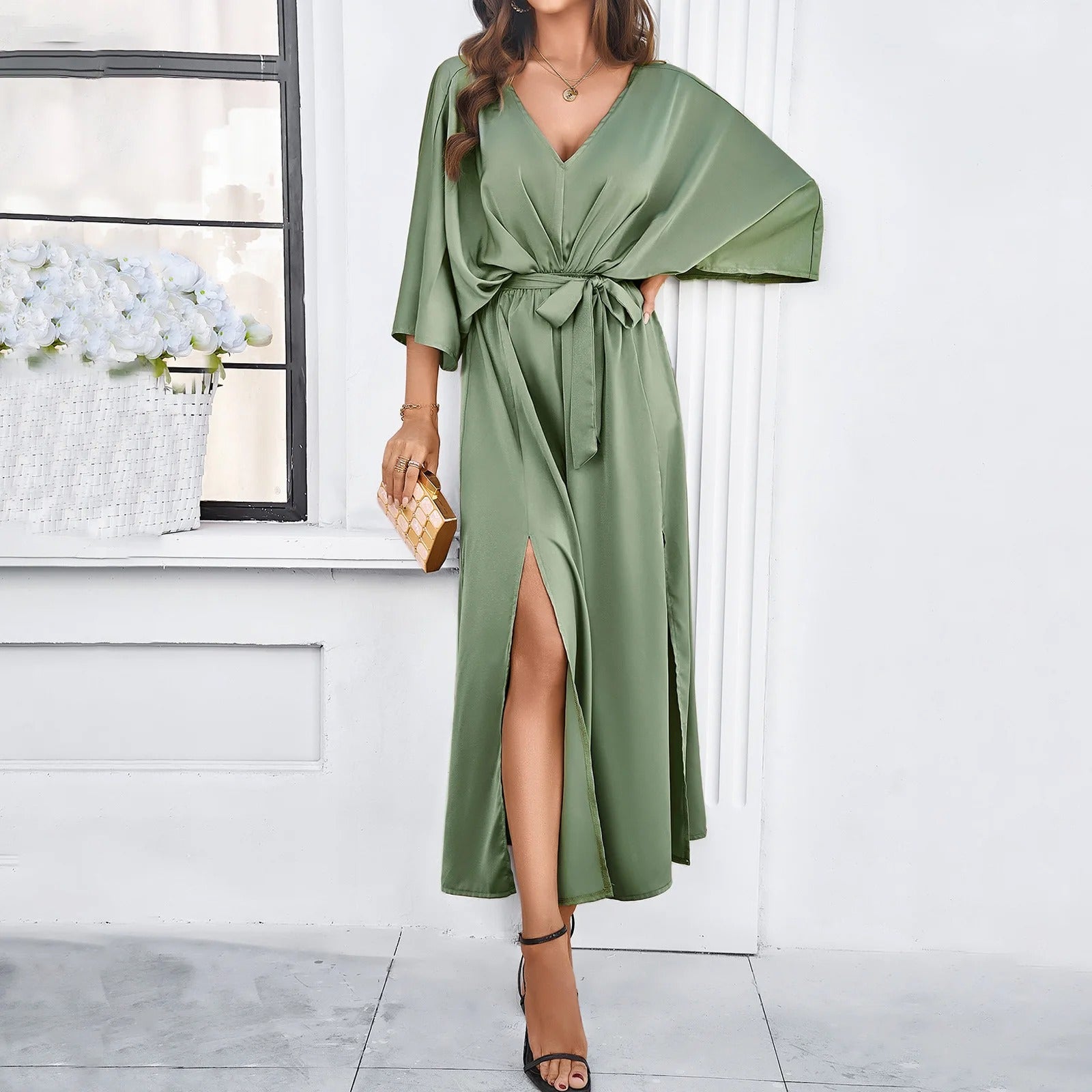 Maxi abito da donna con scollo a V, manica a pipistrello, cintura con fiocco e spacco