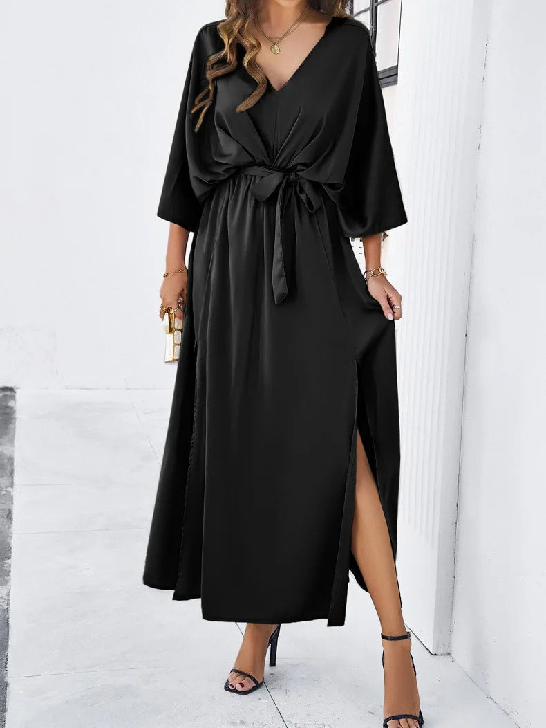 Maxi abito da donna con scollo a V, manica a pipistrello, cintura con fiocco e spacco