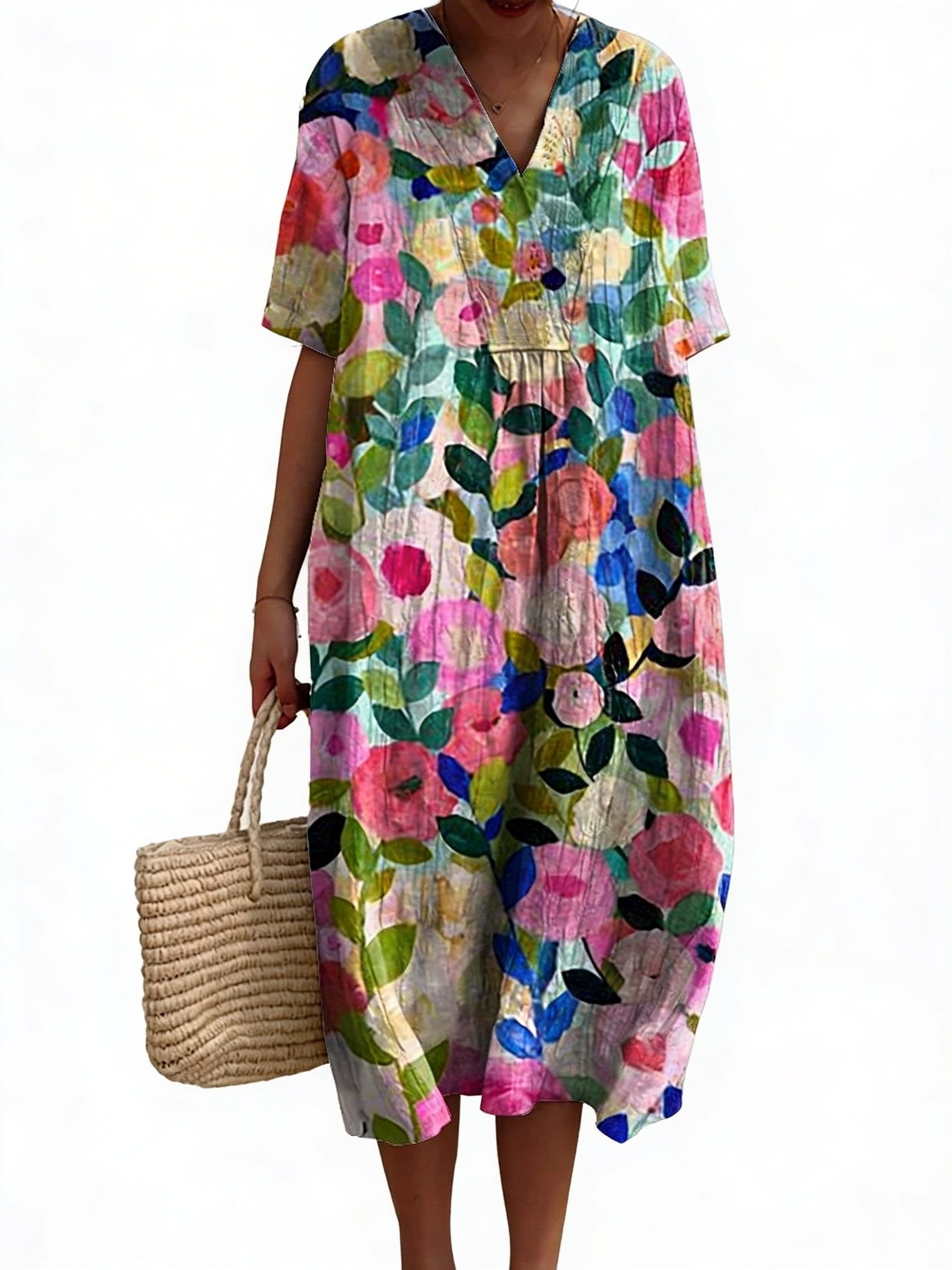 Vestito midi da donna con scollo a V e maniche corte con stampa floreale