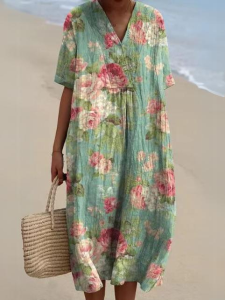 Vestito midi da donna con scollo a V e maniche corte con stampa floreale