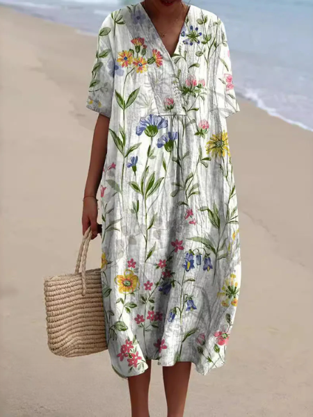 Vestito midi da donna con scollo a V e maniche corte con stampa floreale