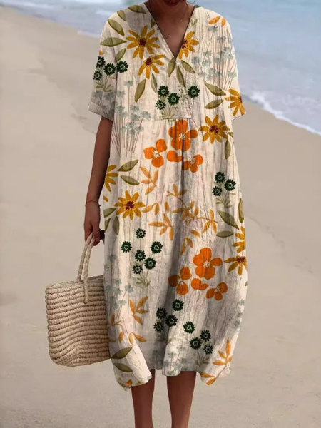 Vestito midi da donna con scollo a V e maniche corte con stampa floreale