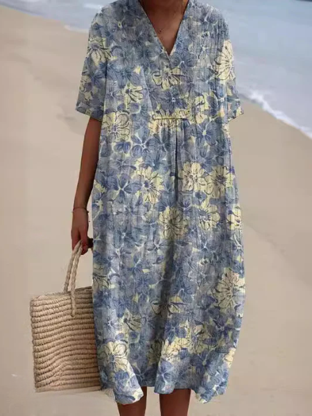 Vestito midi da donna con scollo a V e maniche corte con stampa floreale