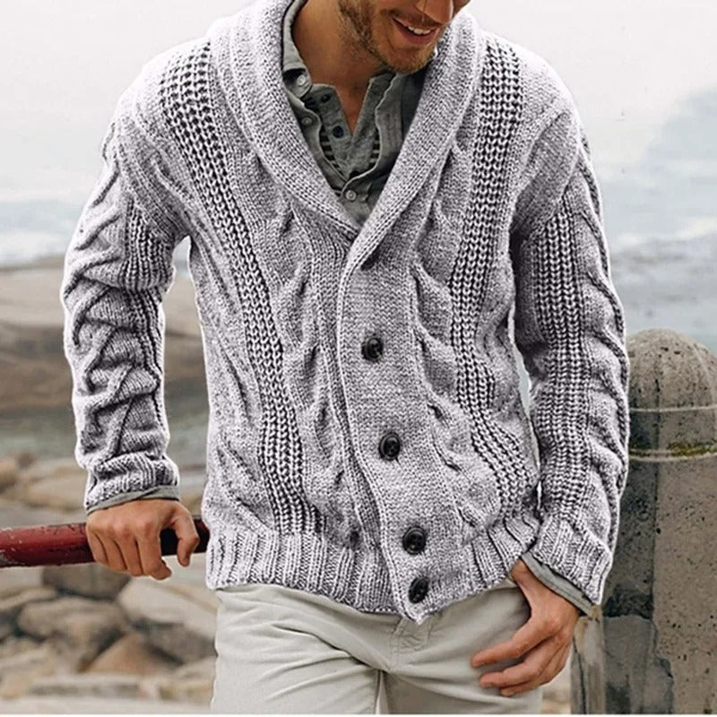 Cardigan Uomo in Maglia a Trecce con Collo Sciallato