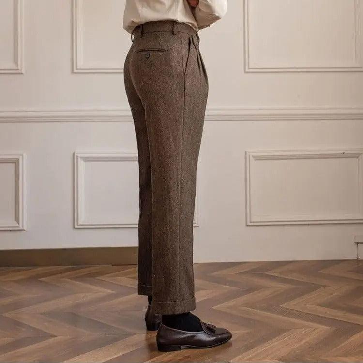 Elegant Men's High-Waisted Trousers with Double Pleat and Straight Leg