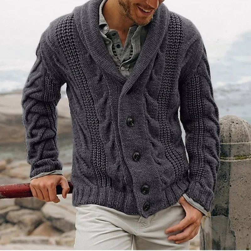 Cardigan Uomo in Maglia a Trecce con Collo Sciallato