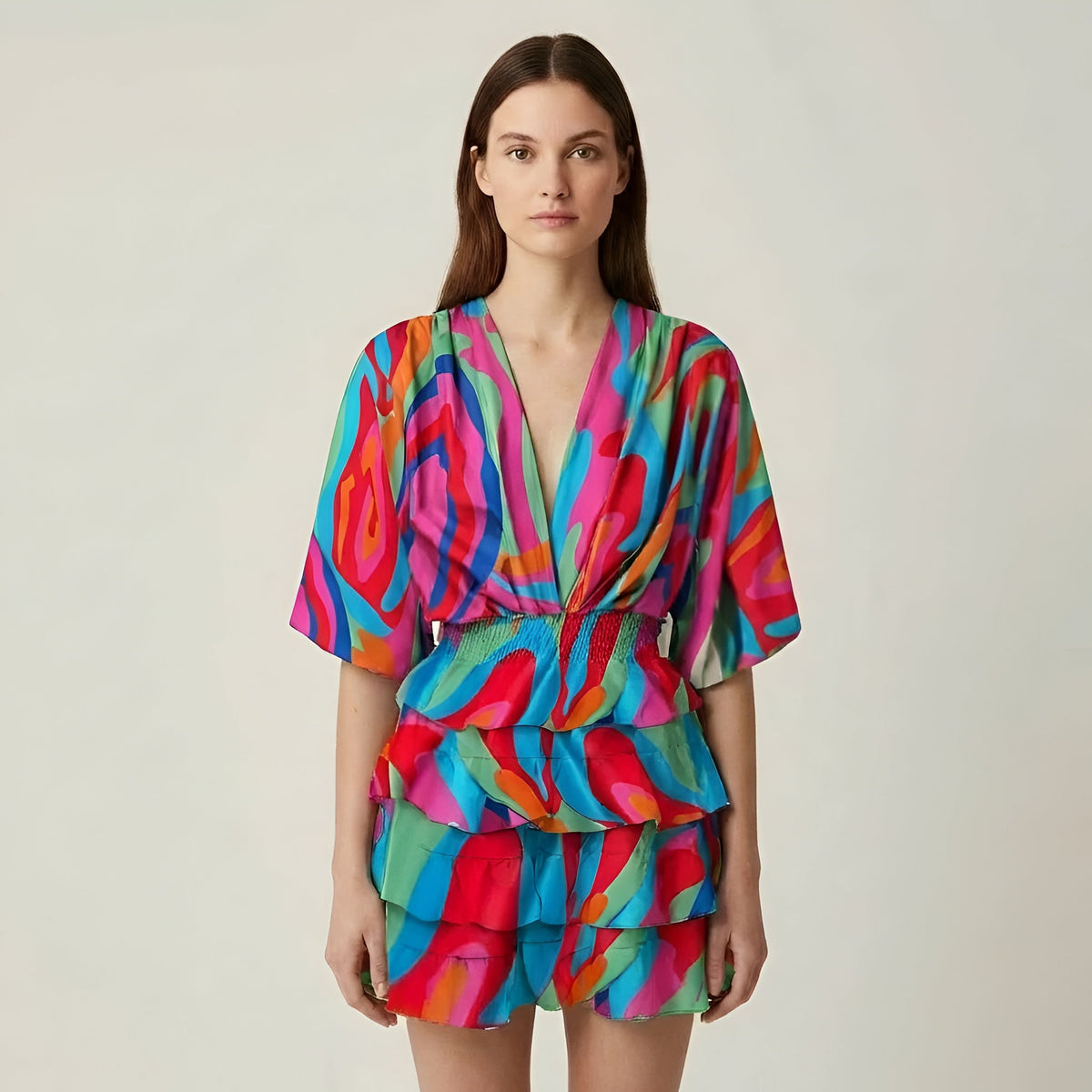 Vestido curto feminino com babados, estampa floral, mangas amplas, decote V, casual de verão