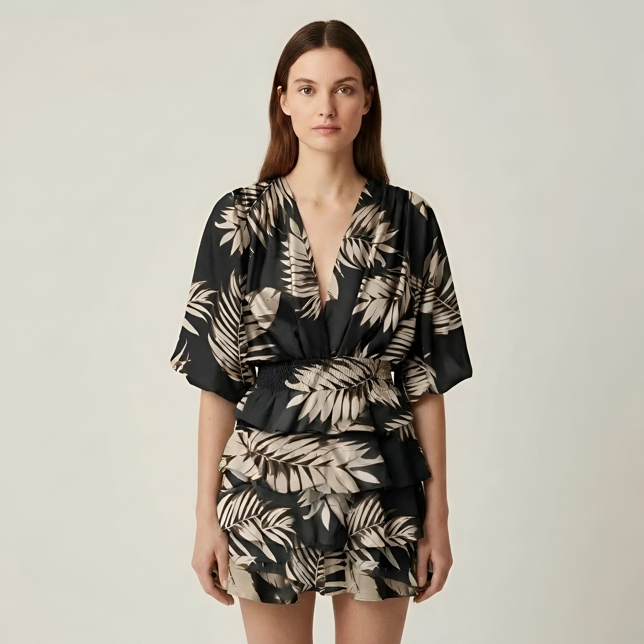 Vestito donna corto volant stampa floreale manica ampia scollo V abito estivo casual