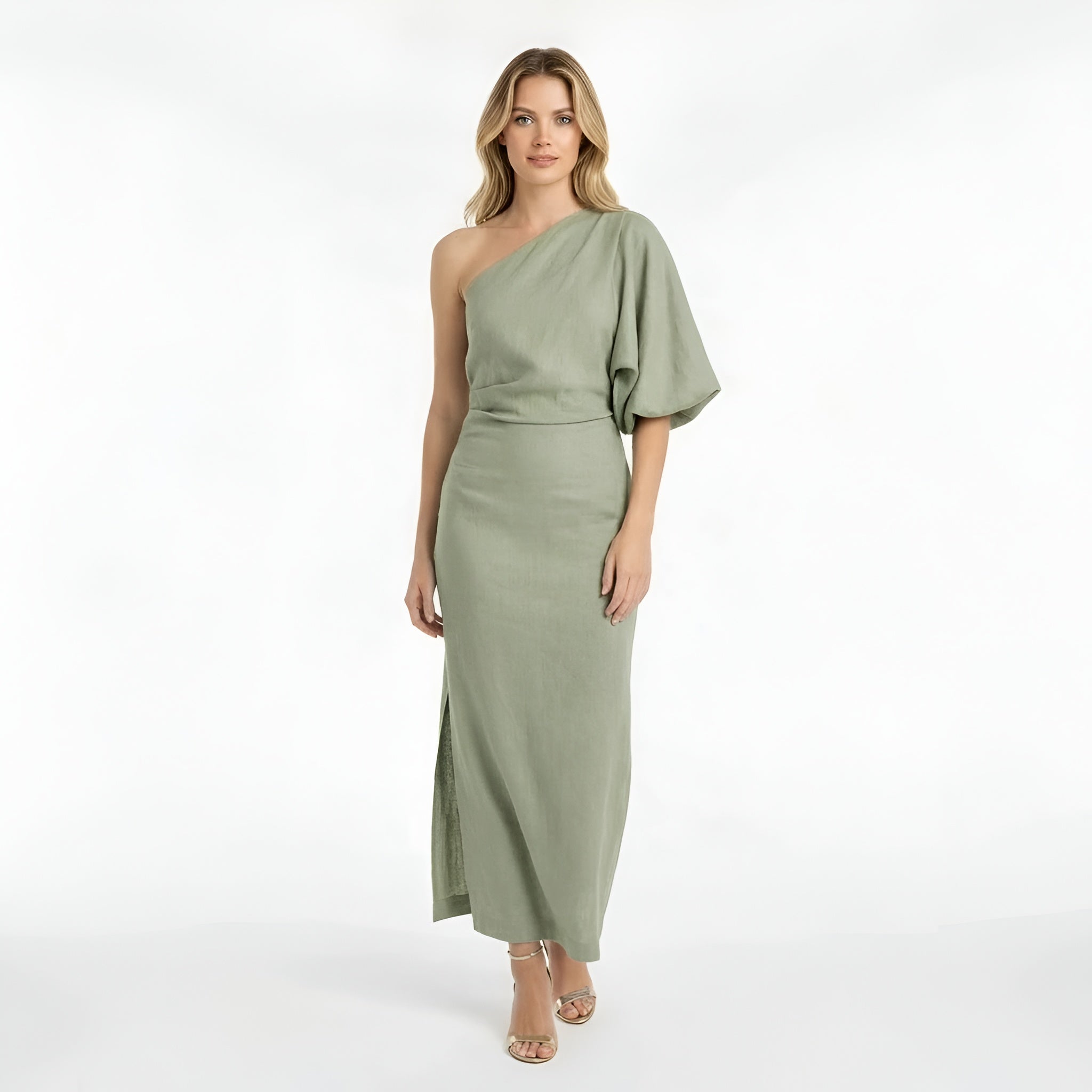 Rochie lungă elegantă de damă, cu un umăr, rochie de seară cu slit, croială mulată slim fit