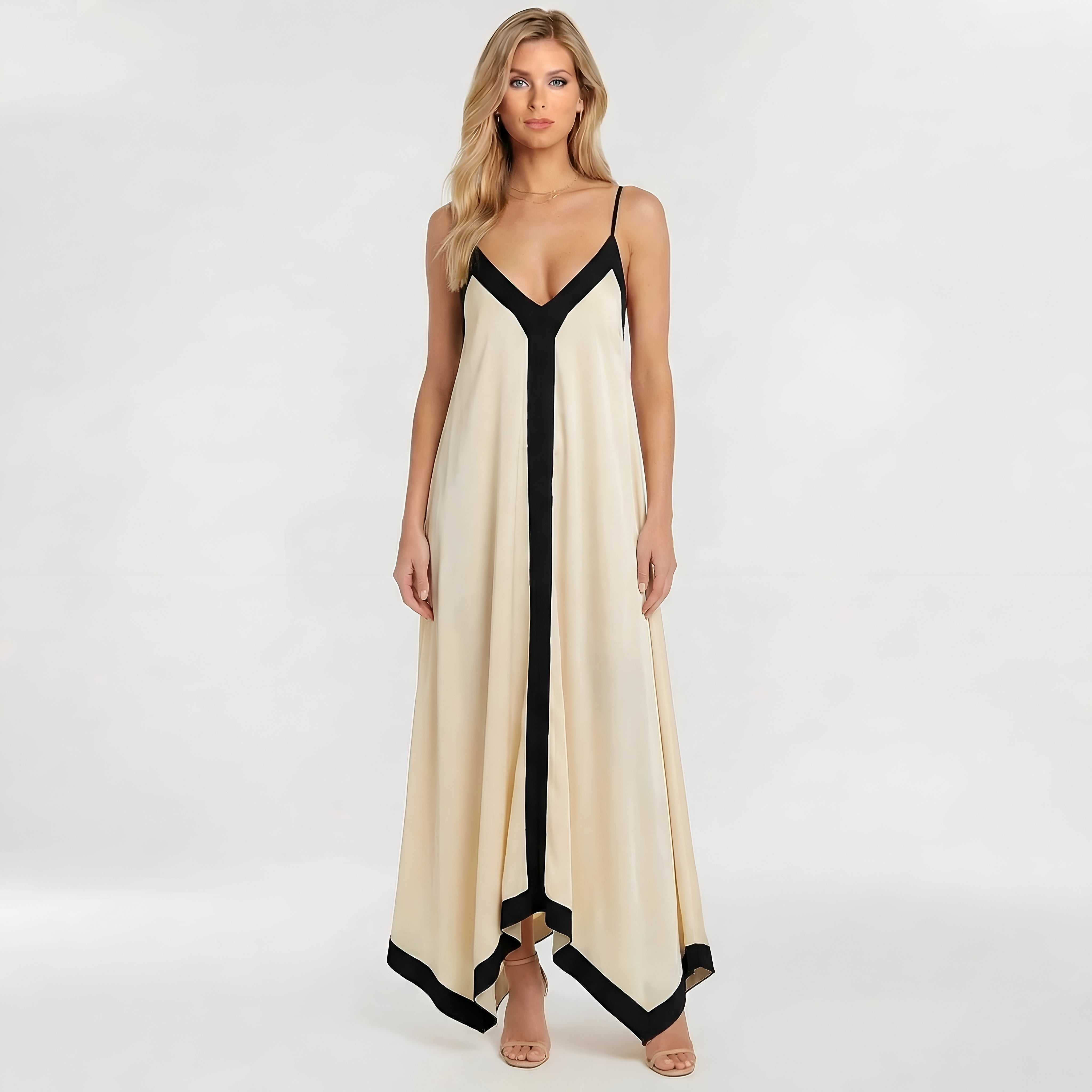 Women's elegant long dress with thin straps, maxi evening dress with V-neck