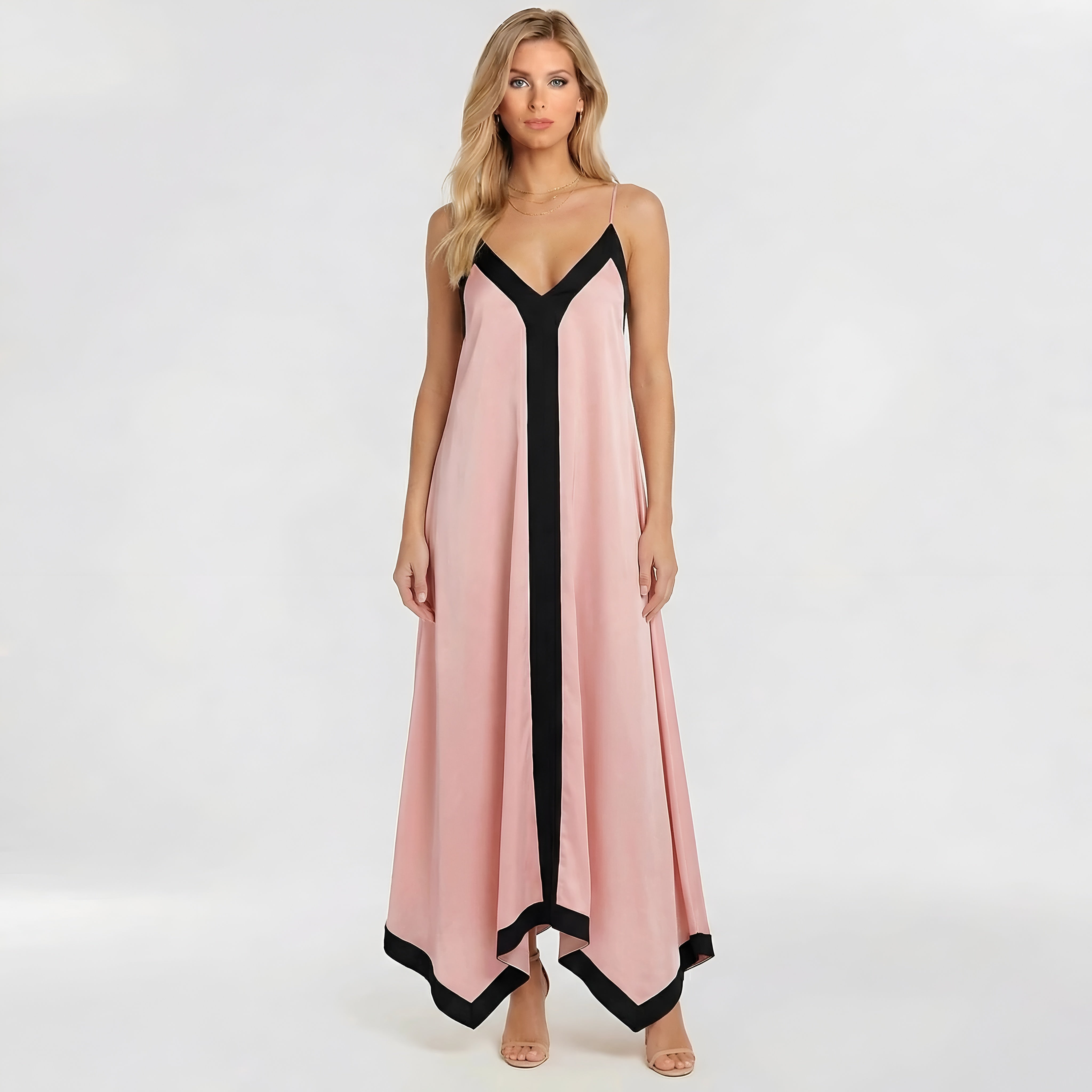 Women's elegant long dress with thin straps, maxi evening dress with V-neck