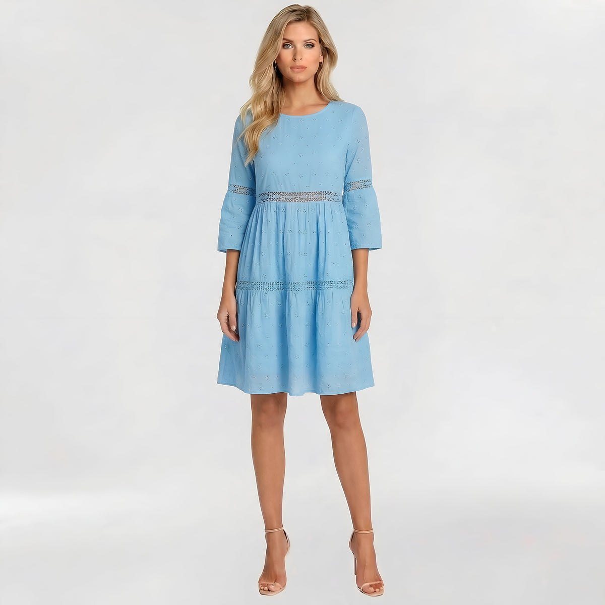 Sukienka damska midi z bawełny, rękawy 3/4, haft sangallo, casualowa, letnia, elegancka