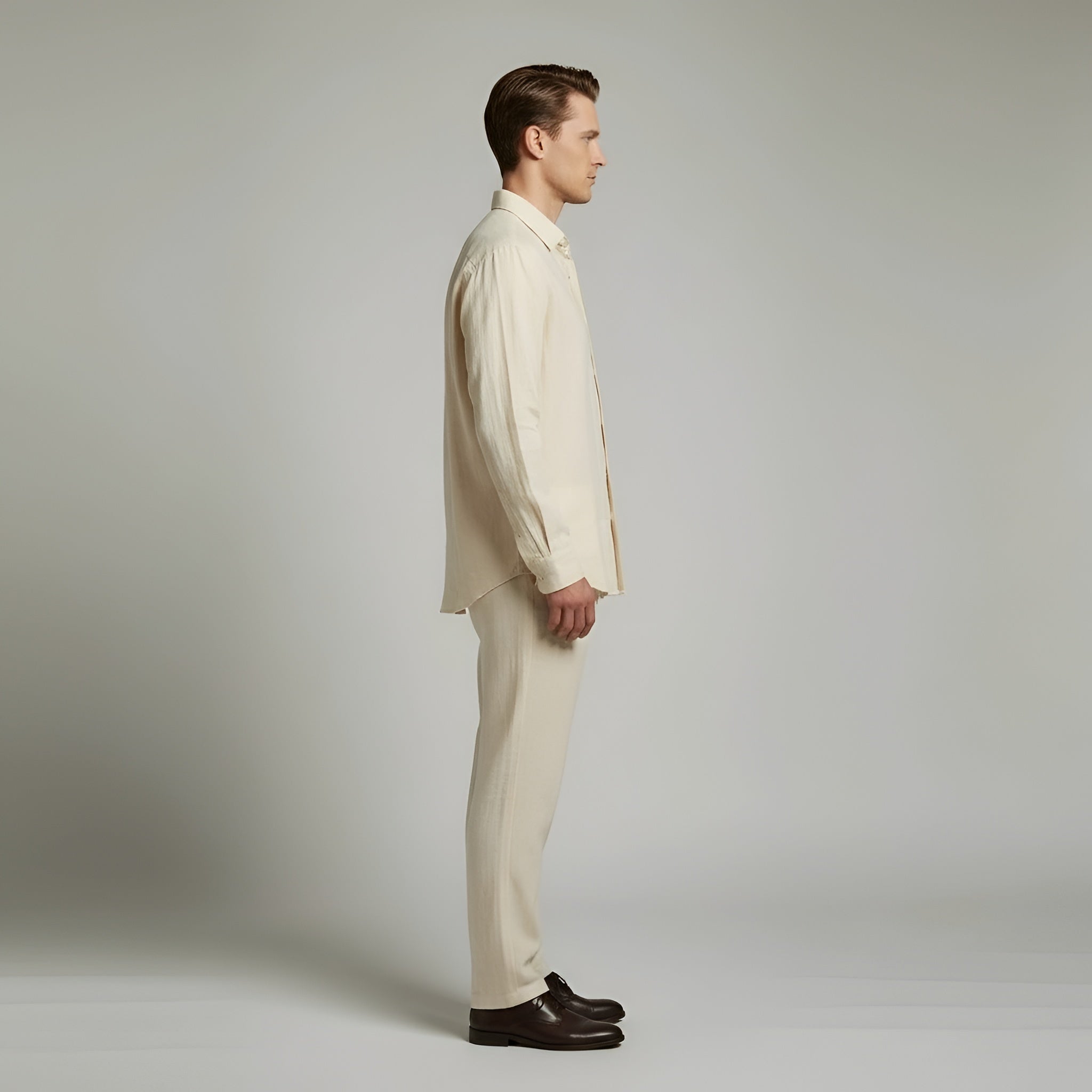 Completo Uomo in Lino Camicia e Pantaloni Elegante Casual Estivo Maniche Lunghe