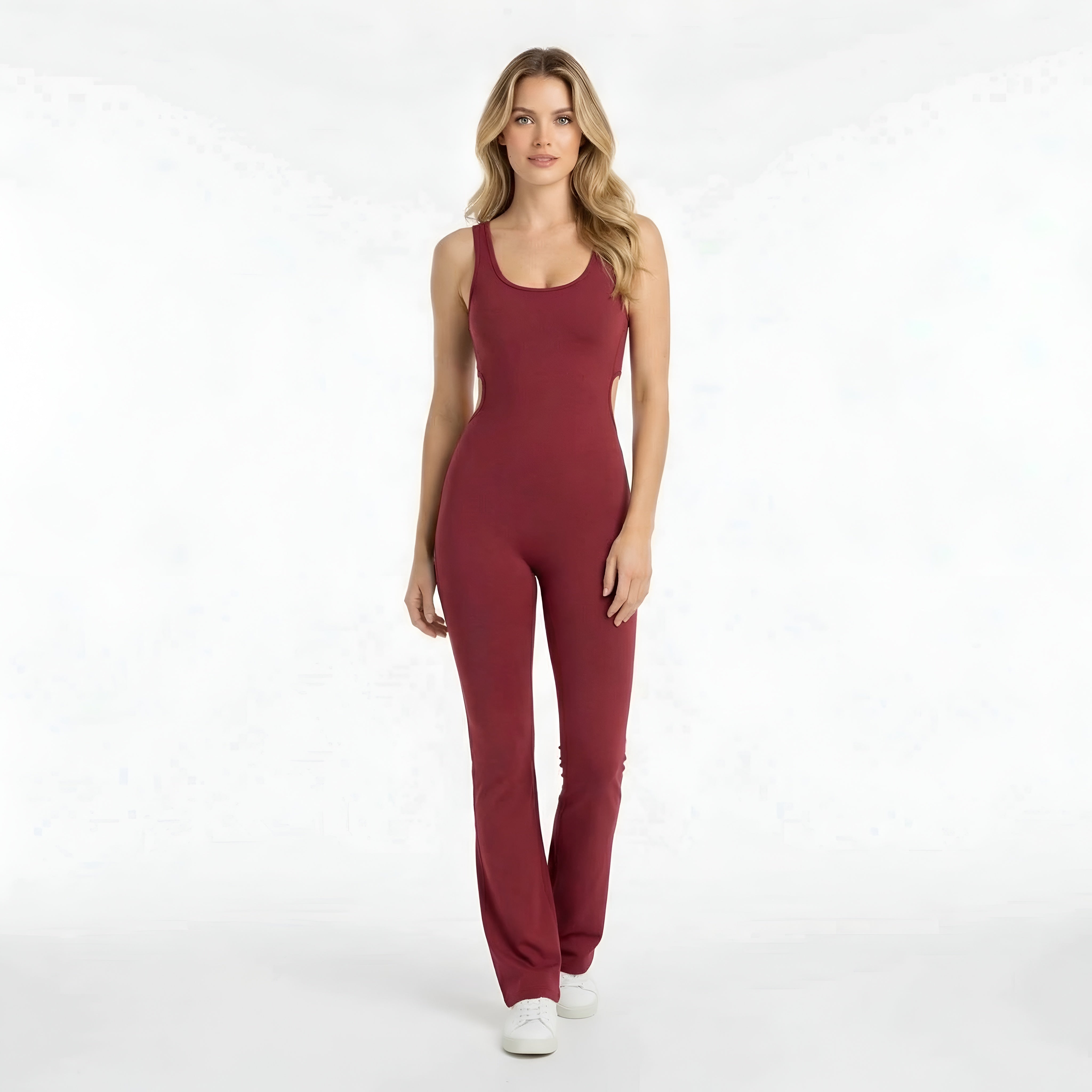 Women's sporty one-piece fitness yoga jumpsuit with flared pants, sleeveless gym bodysuit