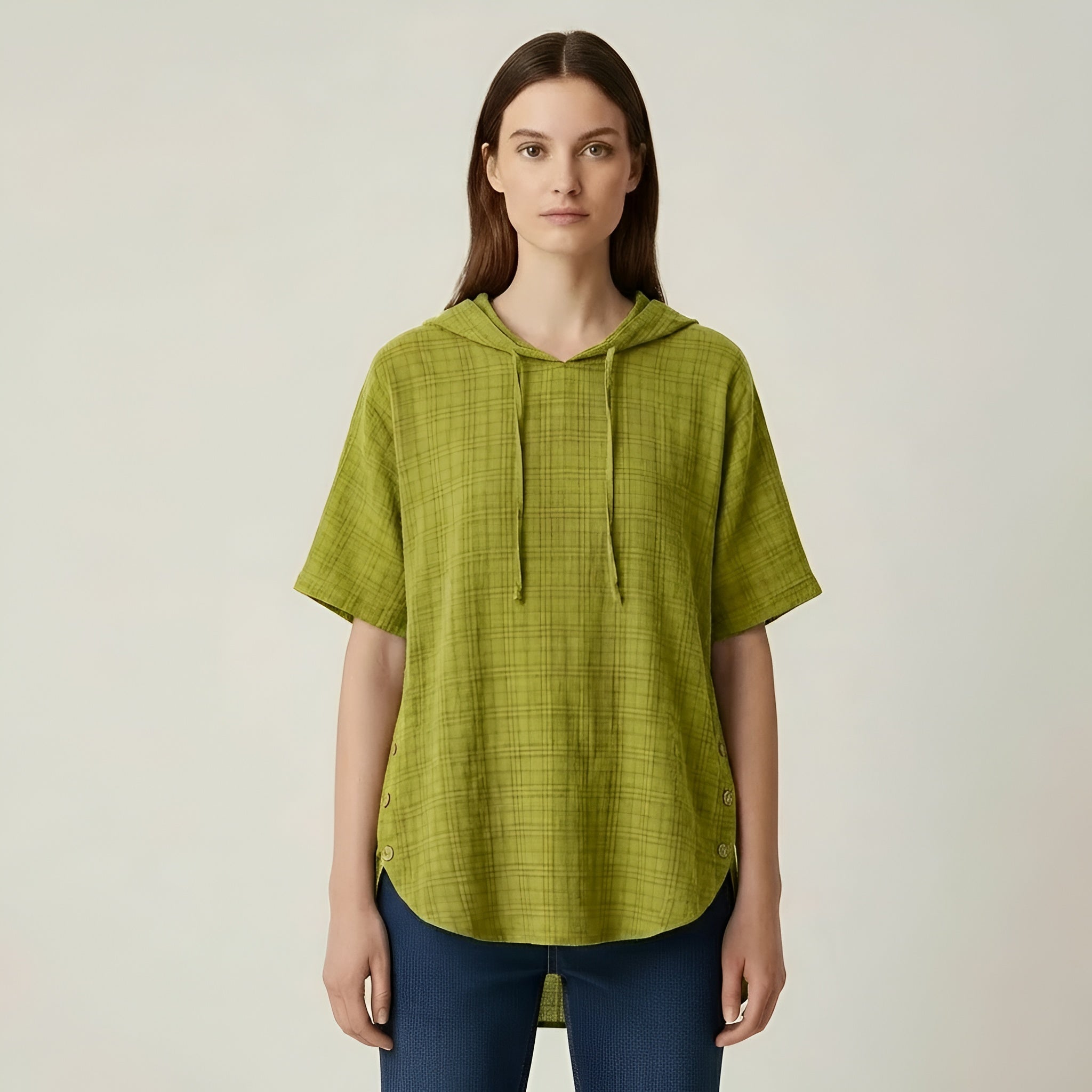 Women's oversized cotton blouse with short sleeves, loose casual tunic with buttons