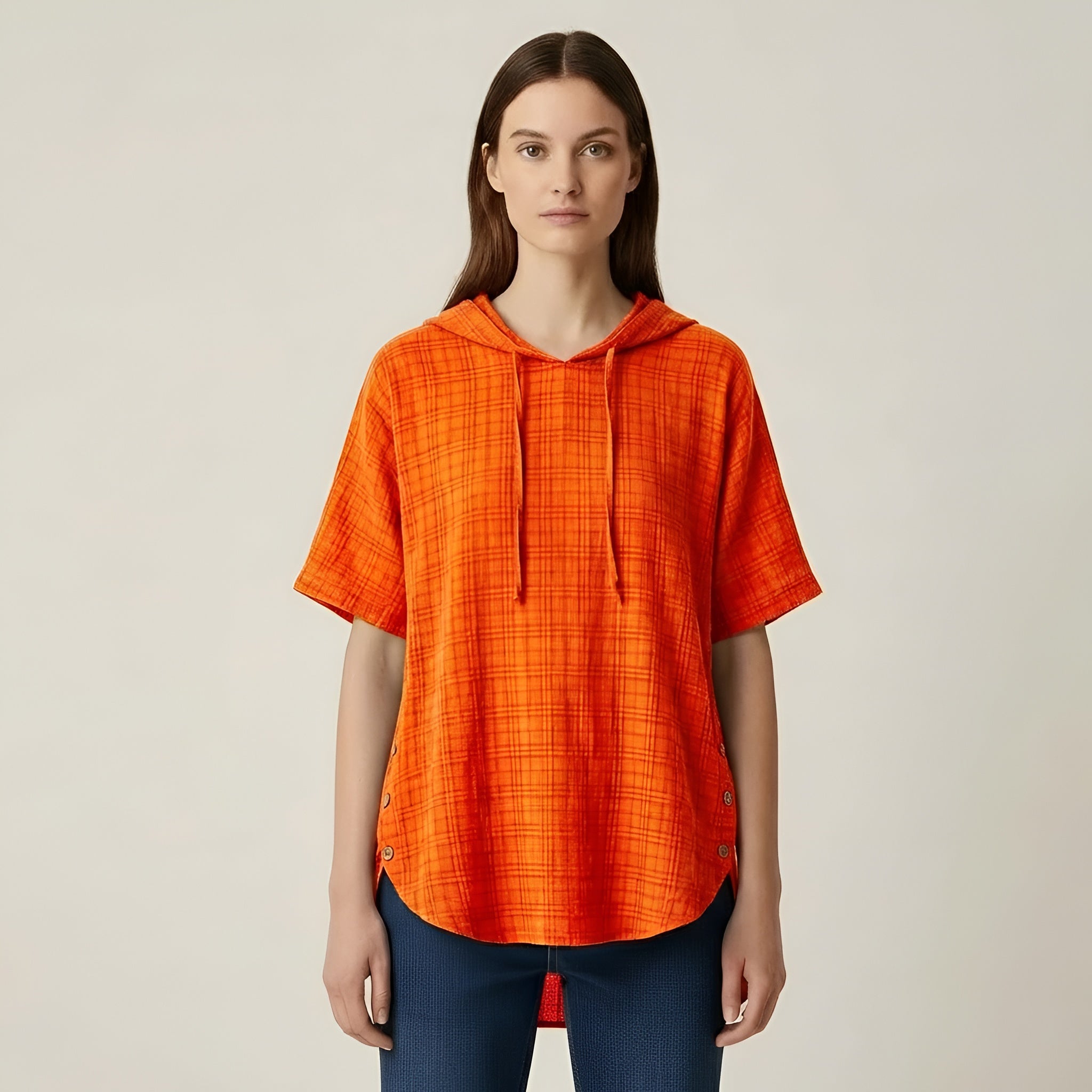 Blusa Donna Oversize in Cotone Maniche Corte Tunica Casual Larga con Bottoni