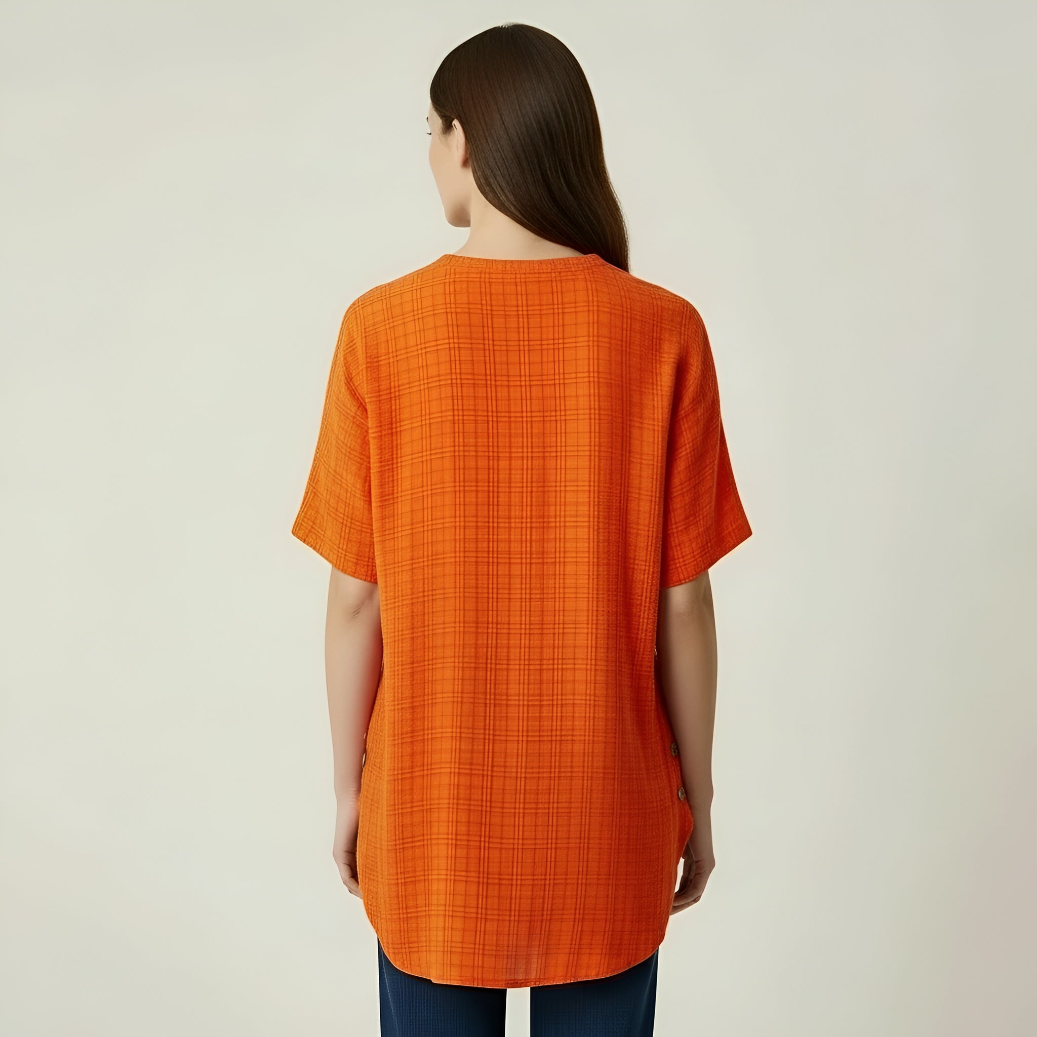 Women's oversized cotton blouse with short sleeves, loose casual tunic with buttons