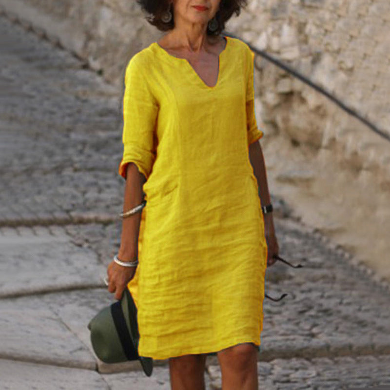 Abito casual in lino con scollo a V e vestibilità rilassata da donna