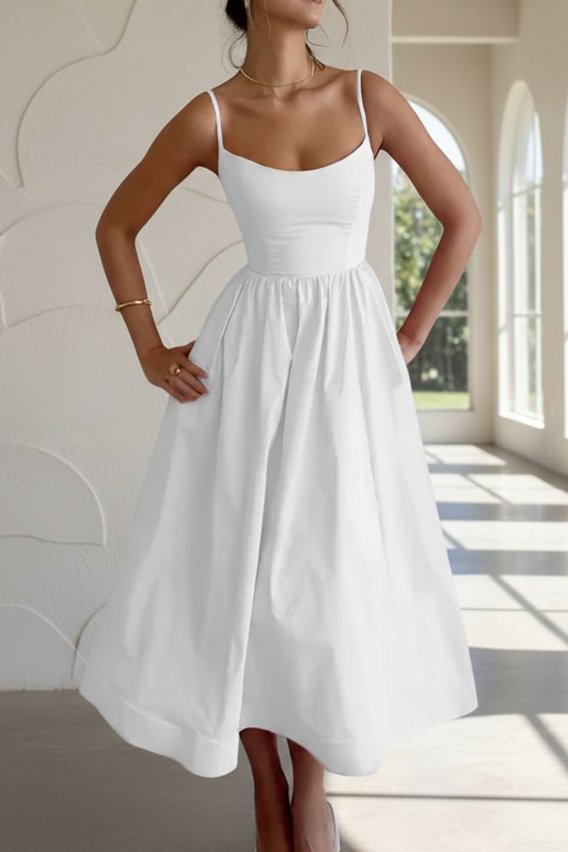 Abito Midi da Donna con Spalline Sottili e Gonna Svasata
