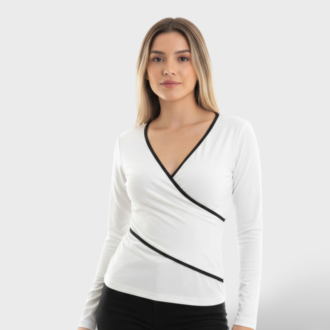 Elegante blusa incrociata da donna con bordi a contrasto