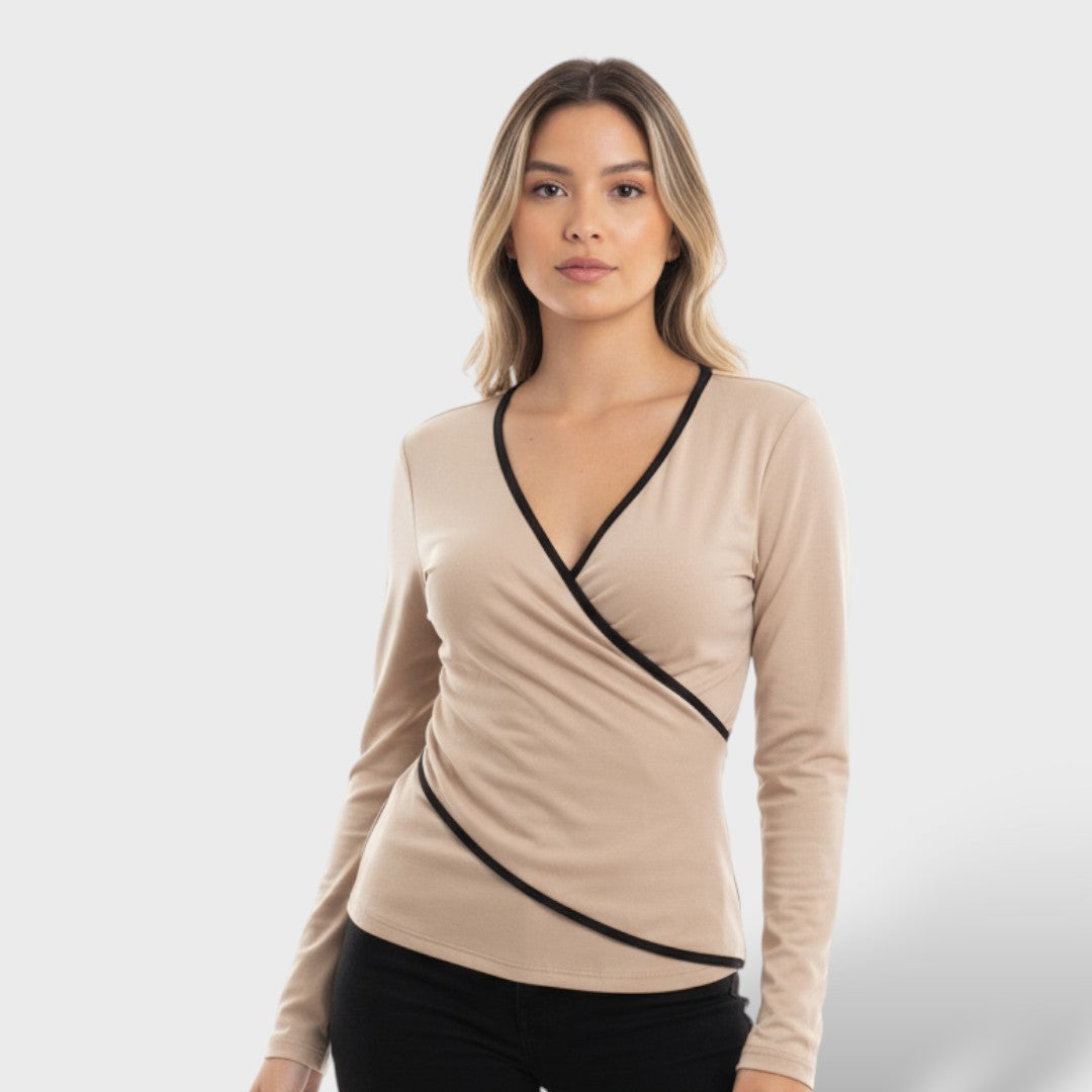 Elegante blusa incrociata da donna con bordi a contrasto