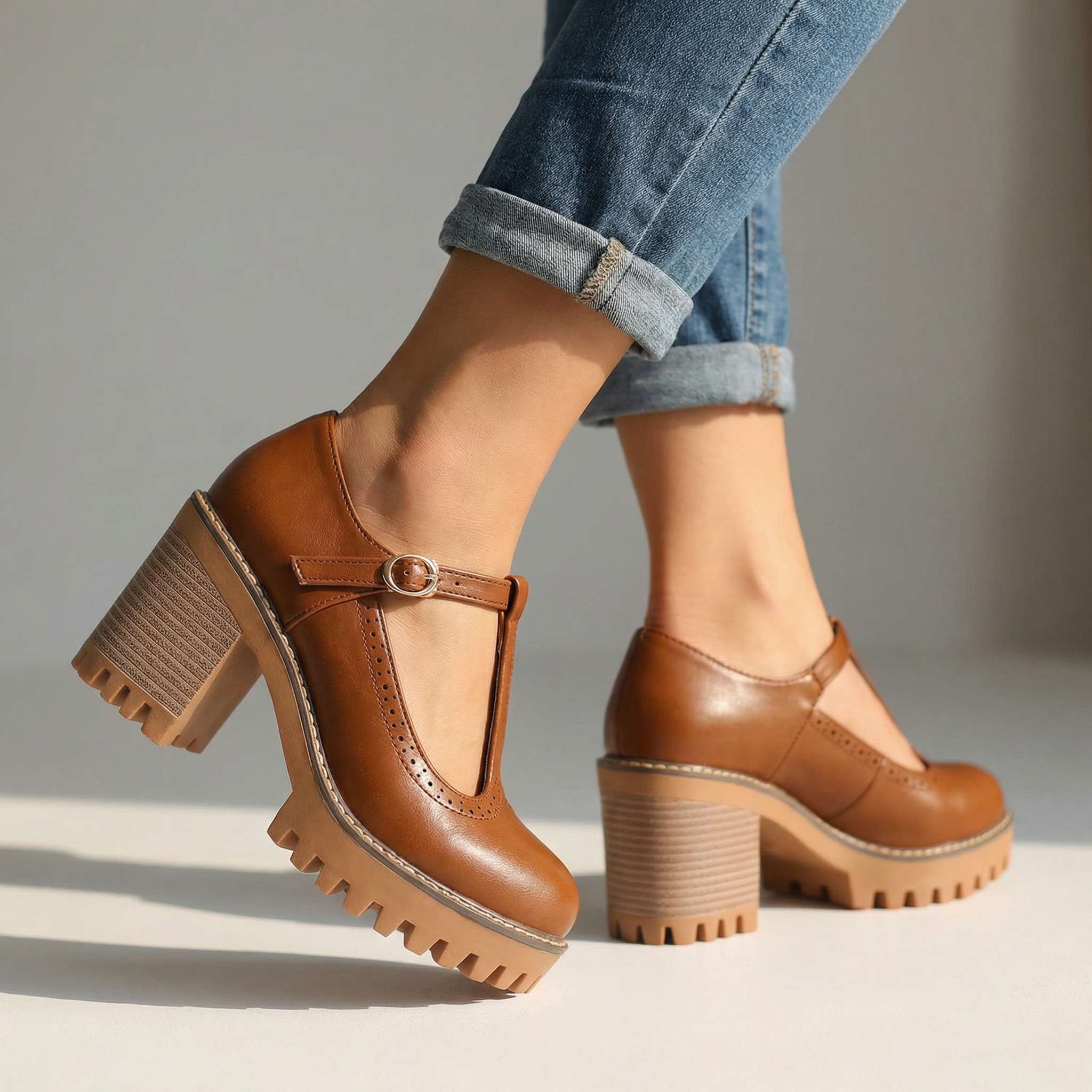 Sapatos de salto alto com tira em T Mary Jane