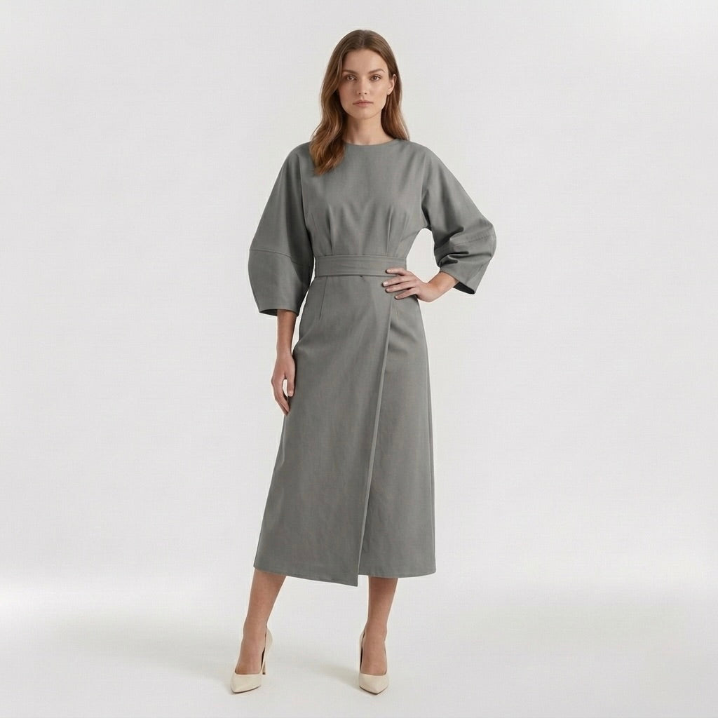 Elegant Long-Sleeve Midi Dress for Women – Casual Chic Dress with Belt